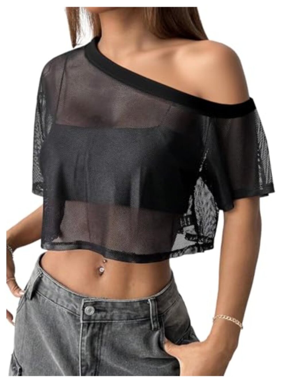 Women's Off Shoulder Mesh Crop Top Asymmetrical Sheer Short Sleeve